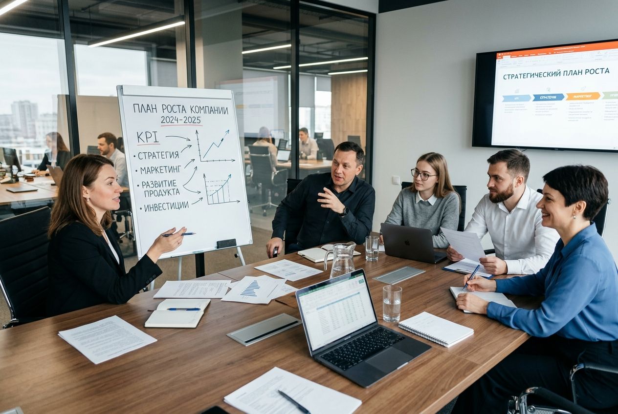 Команда в переговорной, общий план, но без фокуса на полезных деталях