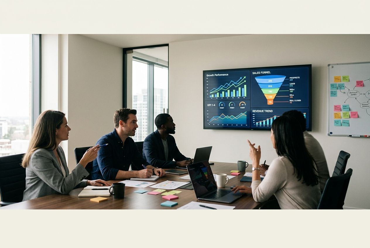 Переговорная, экран с KPI, рабочие артефакты, аккуратный свет, готово под обложку/врезку